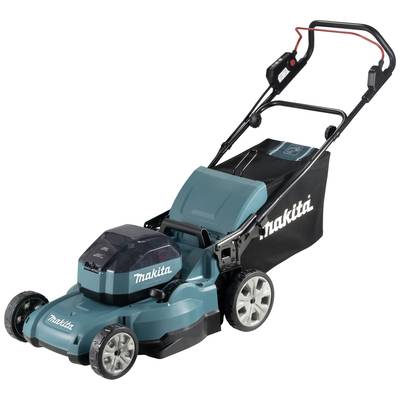 Ein grüner elektrischer Rasenmäher von Makita mit vier Rädern und einem schwarzen Griff.