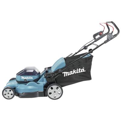 Ein blauer Rasenmäher der Marke Makita mit einem schwarzen Fangkorb. Der Griff ist schwarz mit roten Elementen.