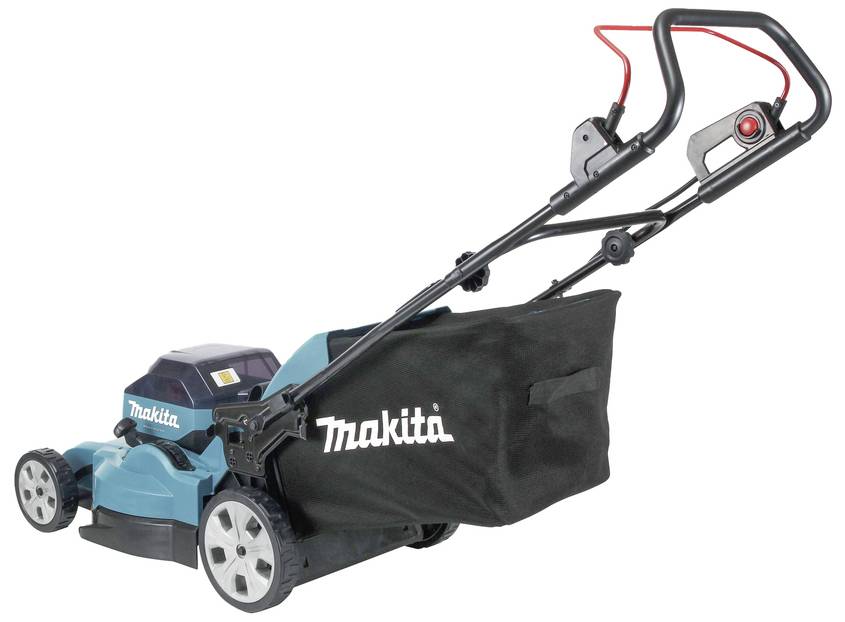 Elektrischer Rasenmäher von Makita, in Blau und Schwarz, mit Fangkorb. Ideal für mittlere bis große Rasenflächen.