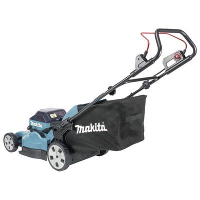 Elektrischer Rasenmäher von Makita, in Blau und Schwarz, mit Fangkorb. Ideal für mittlere bis große Rasenflächen.