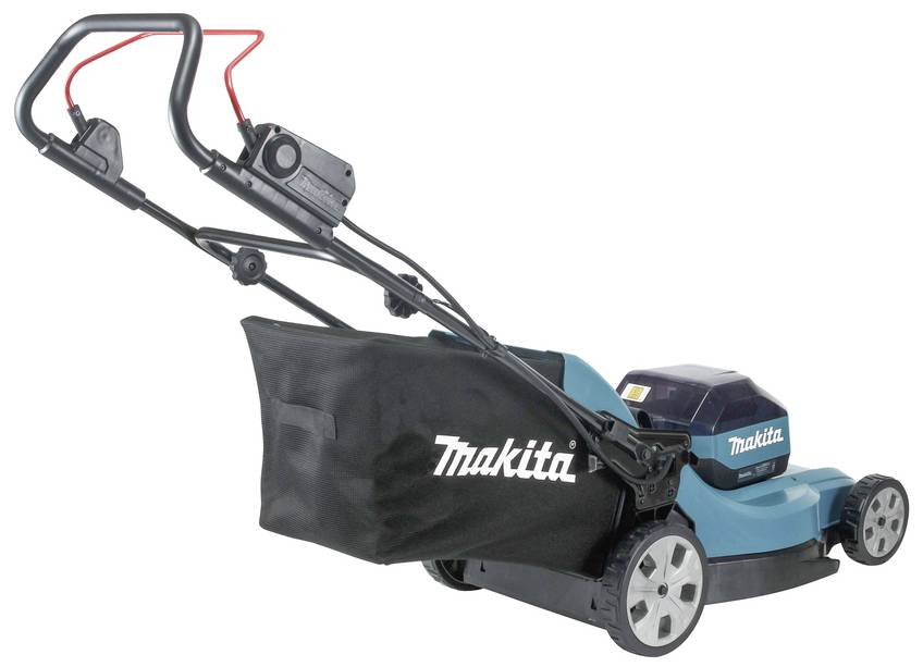 Ein elektrischer Rasenmäher mit einem blauen und schwarzen Design, ausgestattet mit einem Fangsack und einem ergonomischen Griff.