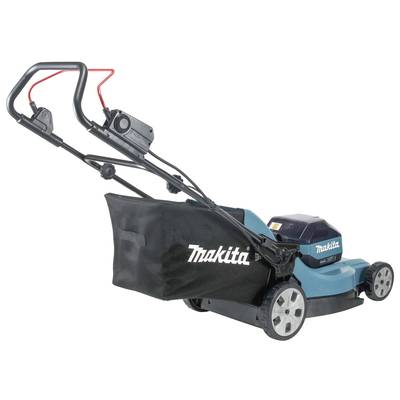 Ein elektrischer Rasenmäher mit einem blauen und schwarzen Design, ausgestattet mit einem Fangsack und einem ergonomischen Griff.