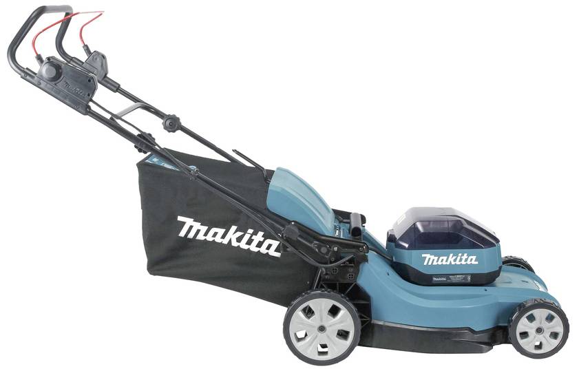 Ein blauer elektrischer Rasenmäher der Marke Makita mit Grasfangkorb und verstellbarem Griff, seitlich gesehen.