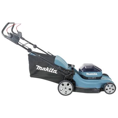 Ein blauer elektrischer Rasenmäher der Marke Makita mit Grasfangkorb und verstellbarem Griff, seitlich gesehen.
