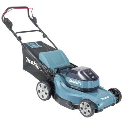 Akku-Rasenmäher mit blauem Gehäuse und schwarzem Fangkorb, Markenname auf der Seite. Vier Räder, verstellbarer Griff.