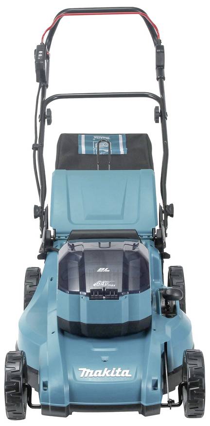Blauer Rasenmäher mit schwarzem Griff und großen Rädern, geschlossenes Gehäuse, geeignet für die Gartenpflege im Freien.