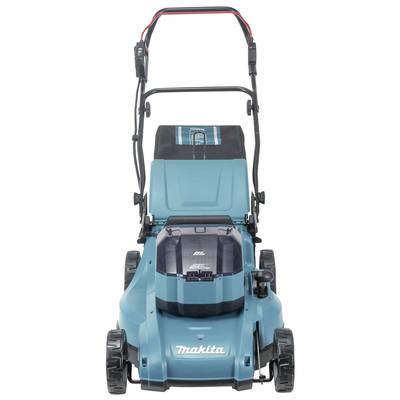 Blauer Rasenmäher mit schwarzem Griff und großen Rädern, geschlossenes Gehäuse, geeignet für die Gartenpflege im Freien.