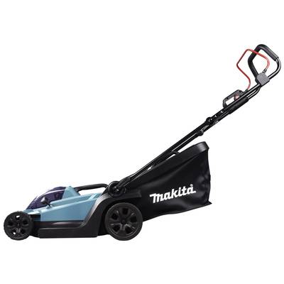 Elektrischer Rasenmäher von Makita in seitlicher Ansicht, blaues Gehäuse, schwarze Räder, rote Griffe.