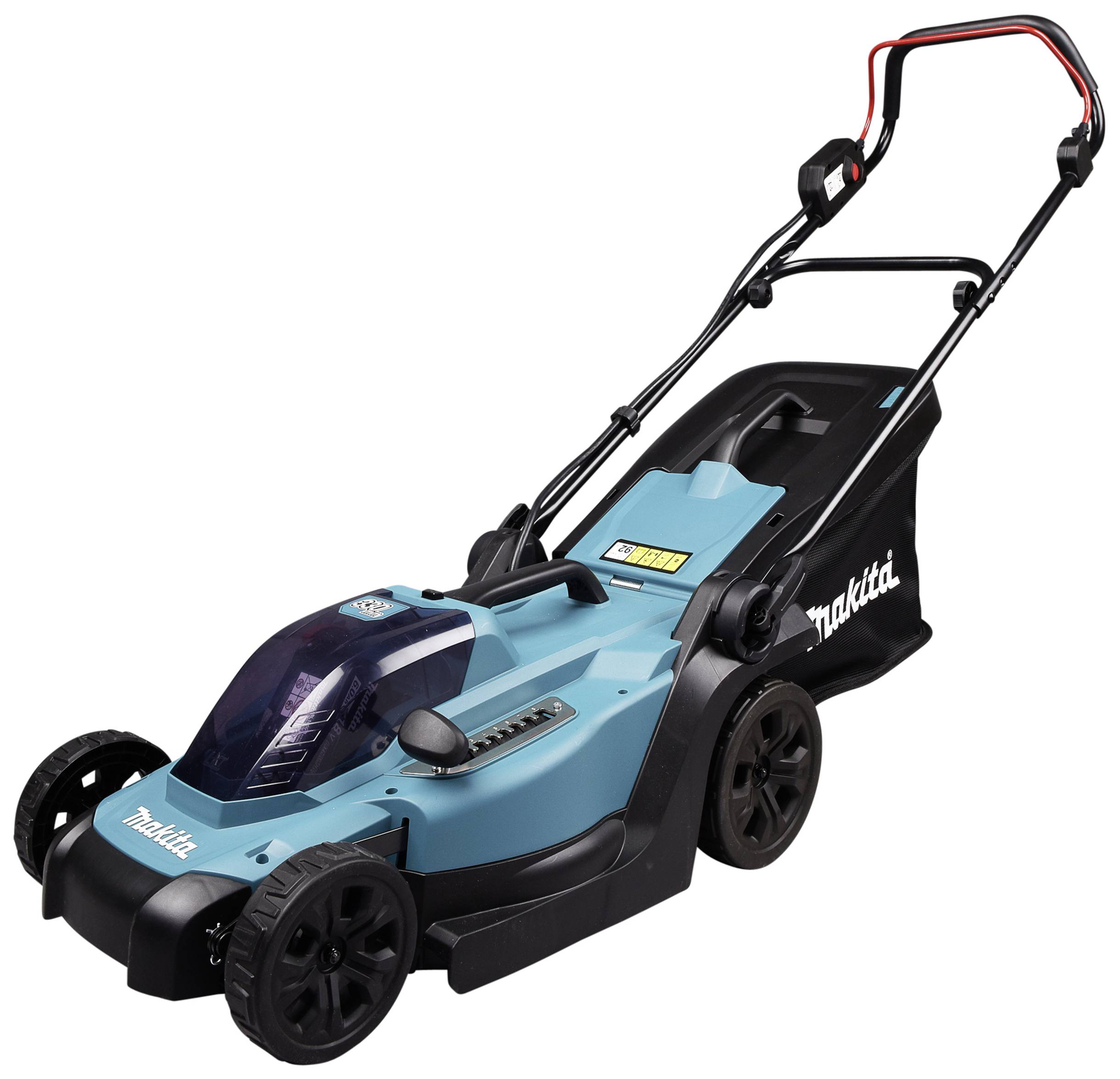 Ein blauer Elektromäher mit vier Rädern, einem Griff und einem Fangkorb. Markenname auf der Seite sichtbar.