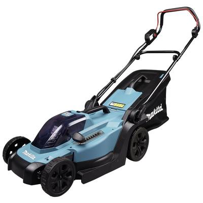 Ein blauer Elektromäher mit vier Rädern, einem Griff und einem Fangkorb. Markenname auf der Seite sichtbar.