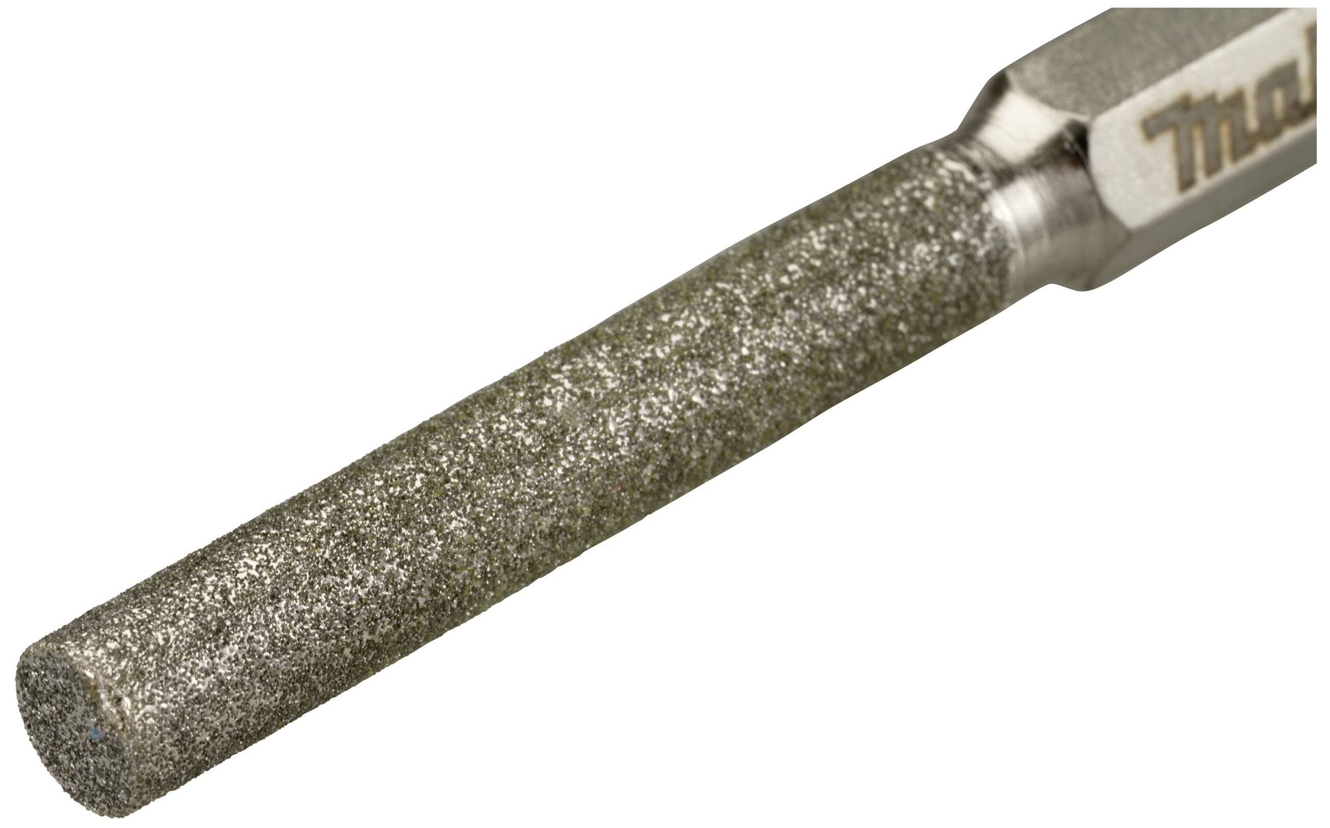 Ein zylindrischer Diamantbohrer mit sechskantigem Schaft und rauer, glitzernder Spitze für präzises Bohren in harte Materialien.