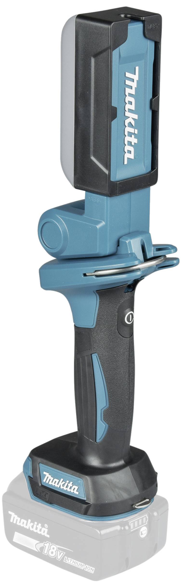 Eine blaue und schwarze kabellose Taschenlampe mit einem ergonomischen Griff und einem einstellbaren Kopf, kompatibel mit 18V Akkus.