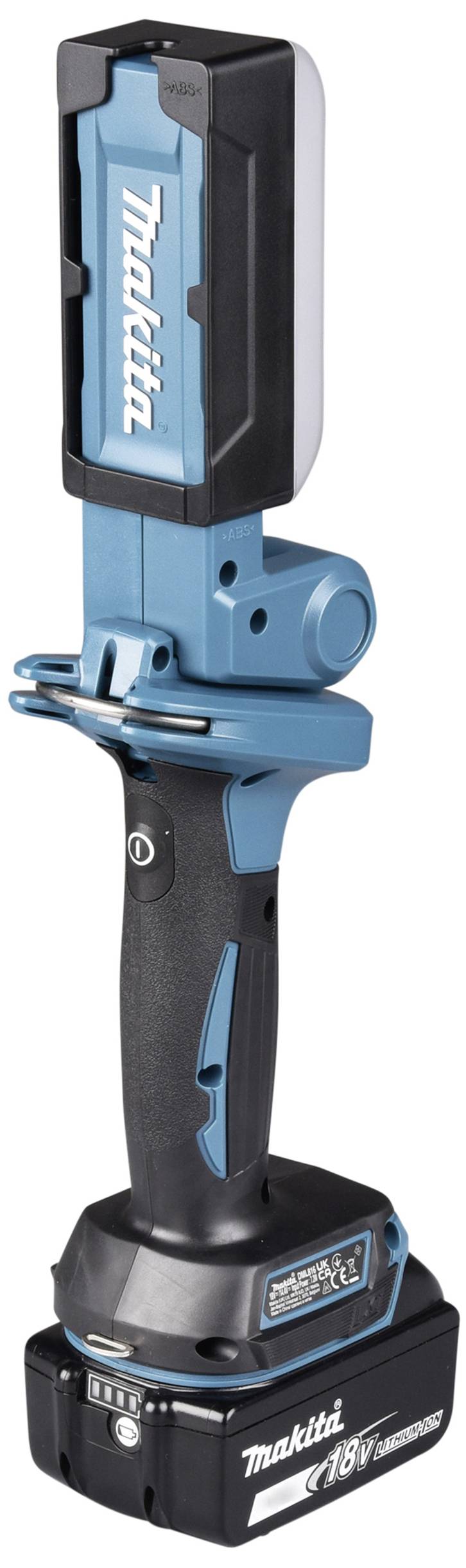 Akku-Handlampe in Blau und Schwarz mit aufrechtem Stapel von LED-Lichtern. Gerät trägt das Logo eines bekannten Werkzeugherstellers.