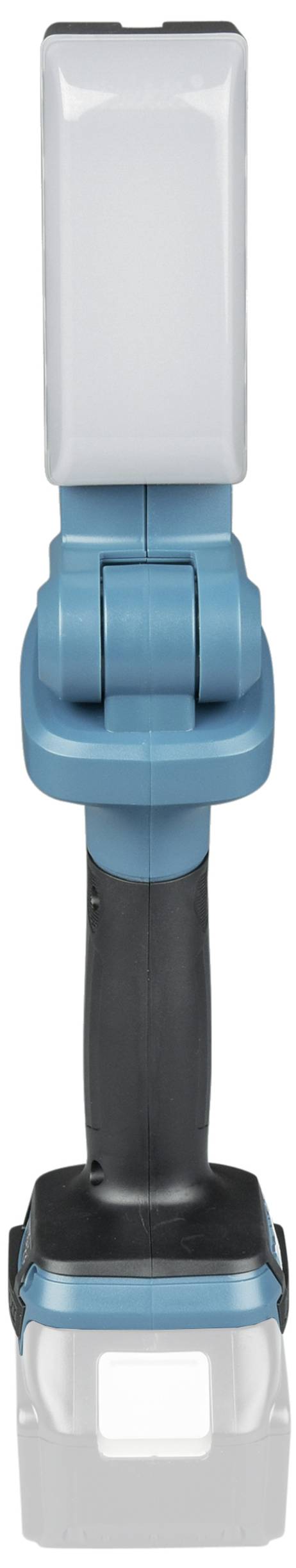 Blaue und schwarze tragbare LED-Lampe mit klappbarem Gelenk und rechteckigem Leuchtkopf. Ideal für flexible Beleuchtung.