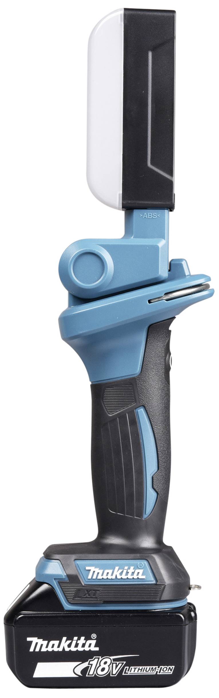 Akkubetriebene LED-Arbeitsleuchte von Makita mit ergonomischem Griff und verstellbarem Kopf, ideal für Werkstattbeleuchtung.