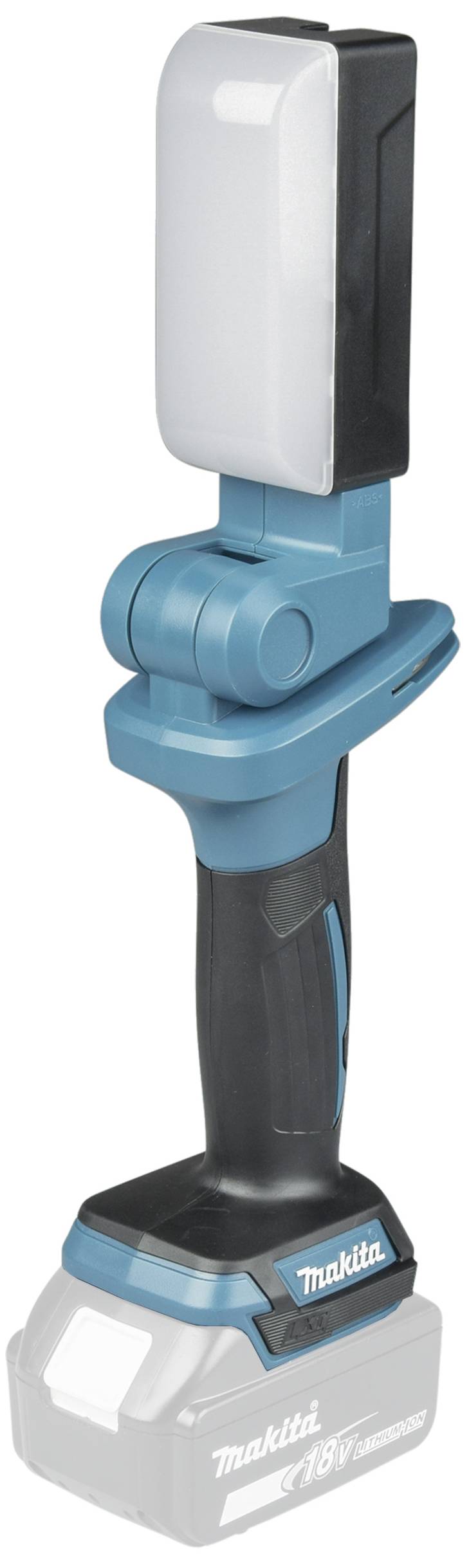 Eine blaue, batteriebetriebene Arbeitsleuchte mit schwenkbarem Kopf, geeignet für Baustellen oder Werkstätten.