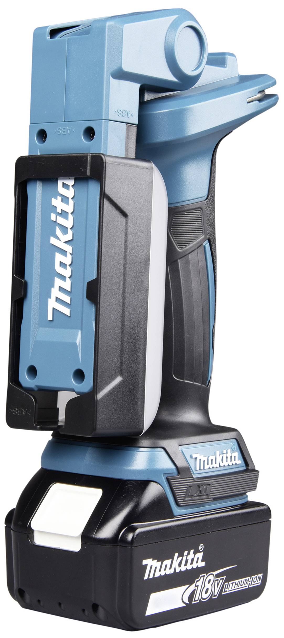 Akkubetriebene, blaue LED-Arbeitsleuchte mit ergonomischem Griff, Markenname 'Makita' sichtbar.