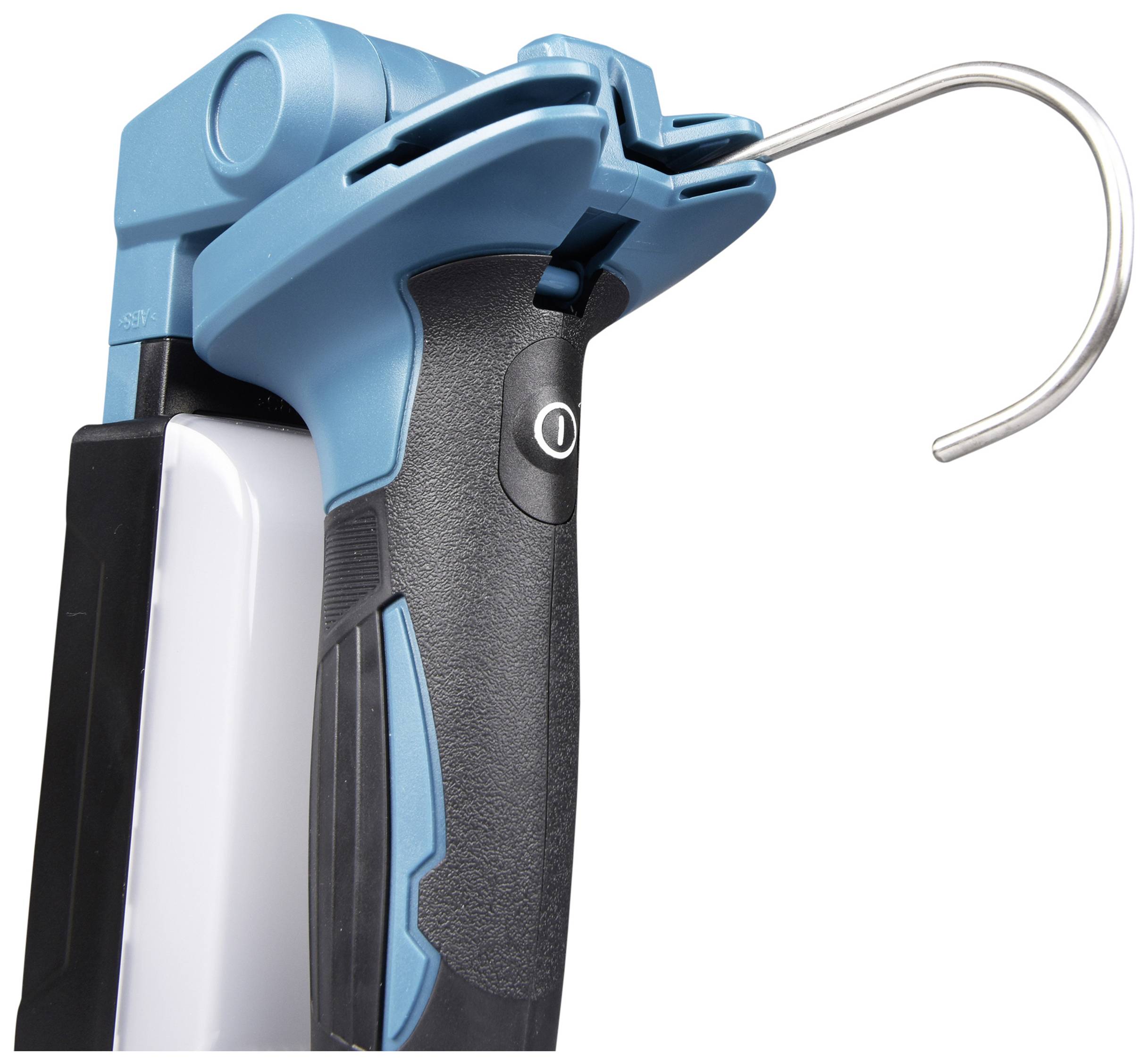 Ein blauer, robuster Haken an einem elektrischen Werkzeug, vermutlich für Aufhängung oder Befestigung einer anderen Komponente.