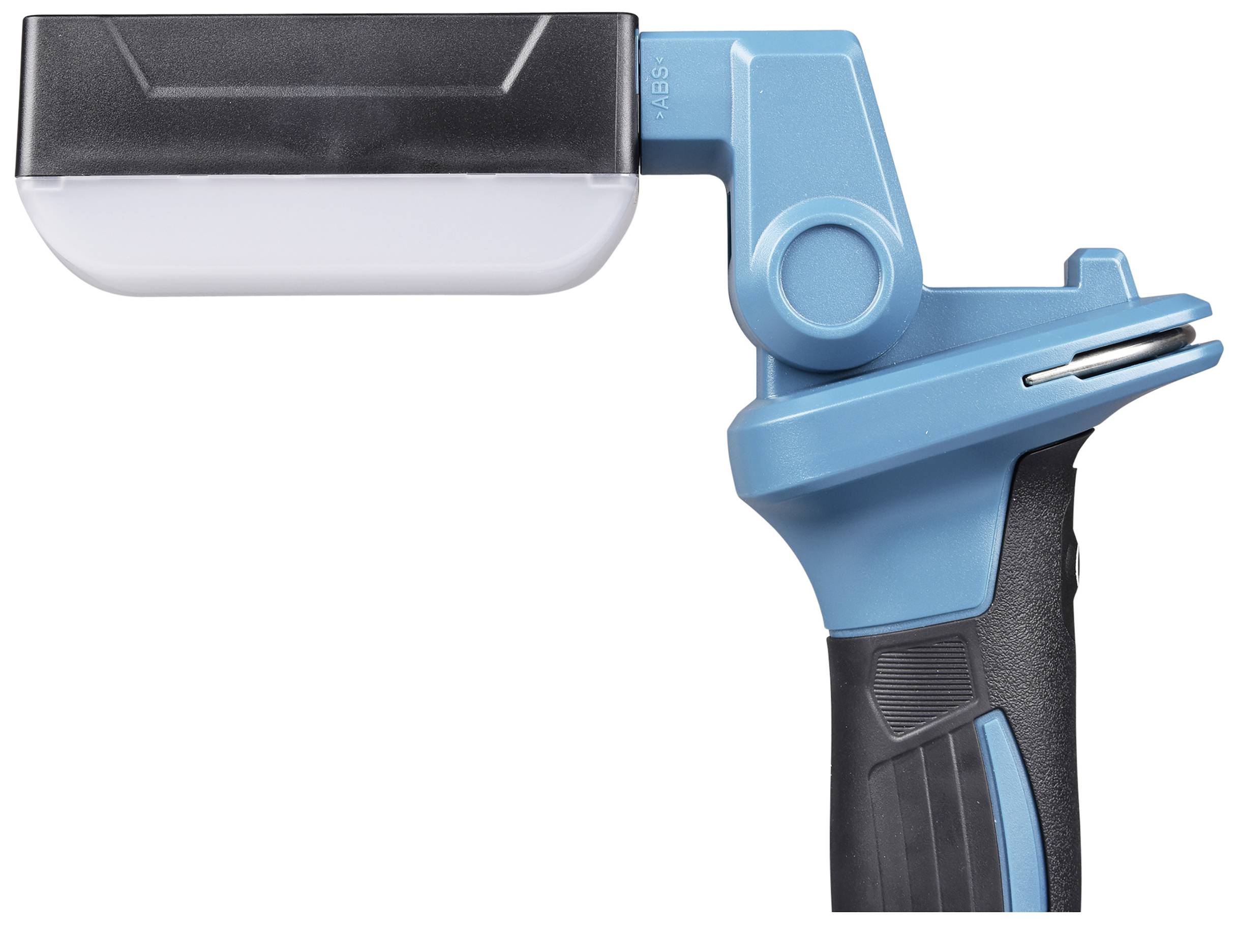 Blaue, tragbare Arbeitsleuchte mit schwarzem Griff und rechteckigem Lampenkopf, geeignet für Baustellen- oder Werkstattbeleuchtung.