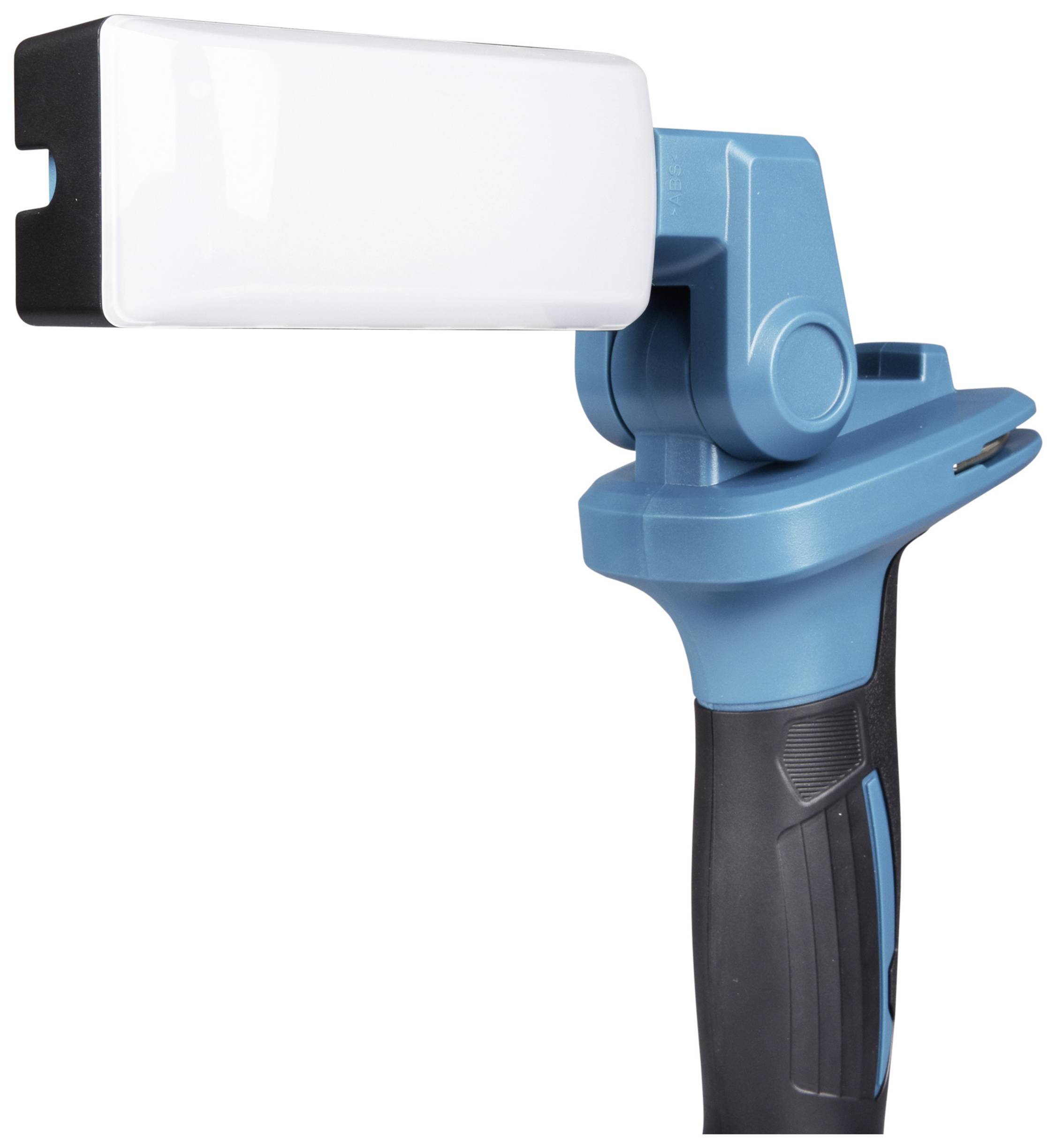 Ein blauer Stab mit schwarz-weißem, rechteckigem Kopf, möglicherweise ein Werkzeuggriff oder eine Beleuchtungsvorrichtung.