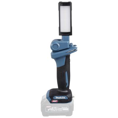 Akku-Arbeitsleuchte von Makita, blau-schwarz, mit drehbarem Kopf und rechteckigem Lampenschirm, geeignet für Werkstattnutzung.