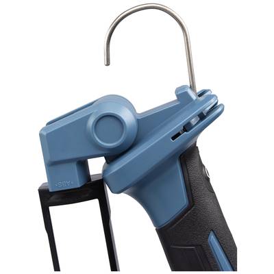 Ein blaues technisches Gerät mit einem gebogenen Haken, vermutlich ein Werkzeuggriff.