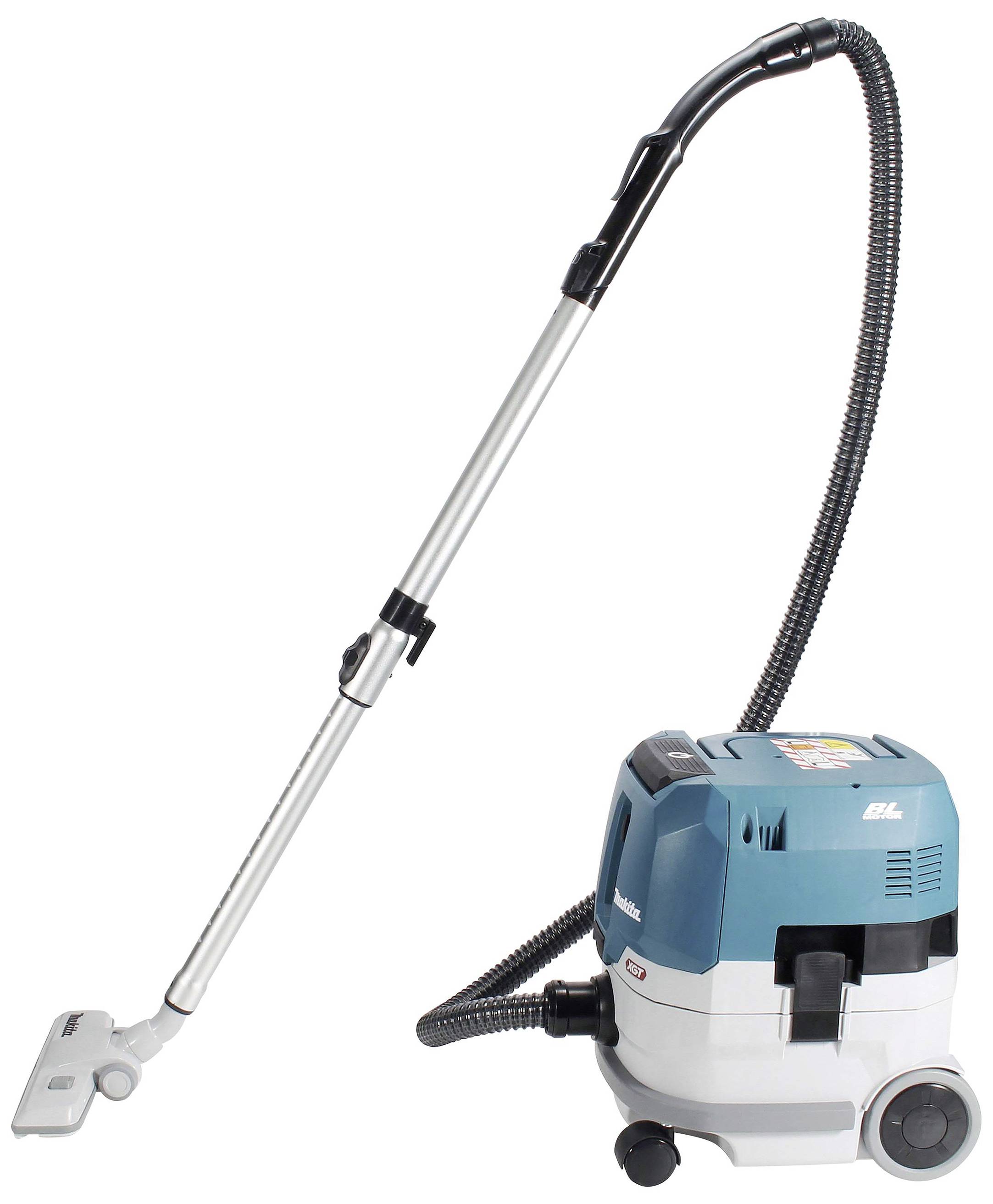 Ein blauer und weißer Staubsauger mit einem langen, silbernen Rohr und einer schwarzen, flexiblen Schlauchdüse ist abgebildet.