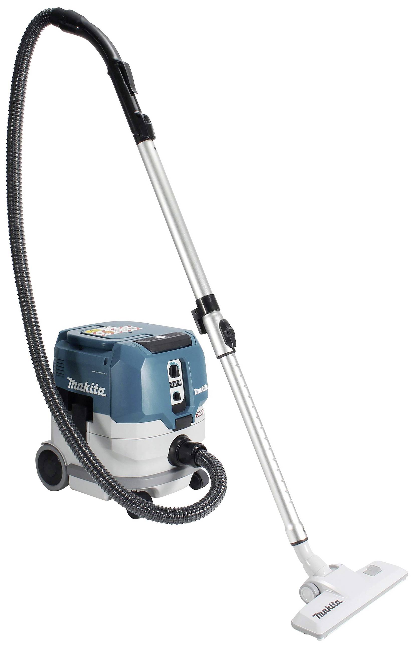 Industriesauger von Makita mit blauem und weißem Gehäuse, langer Saugschlauch und Bodendüse, geeignet für Baustellenreinigung.