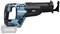 Eine blaue und schwarze kabellose Säbelsäge von Makita mit ergonomischem Griff und einem 40V Max Akku, geeignet für schnelles Schneiden.