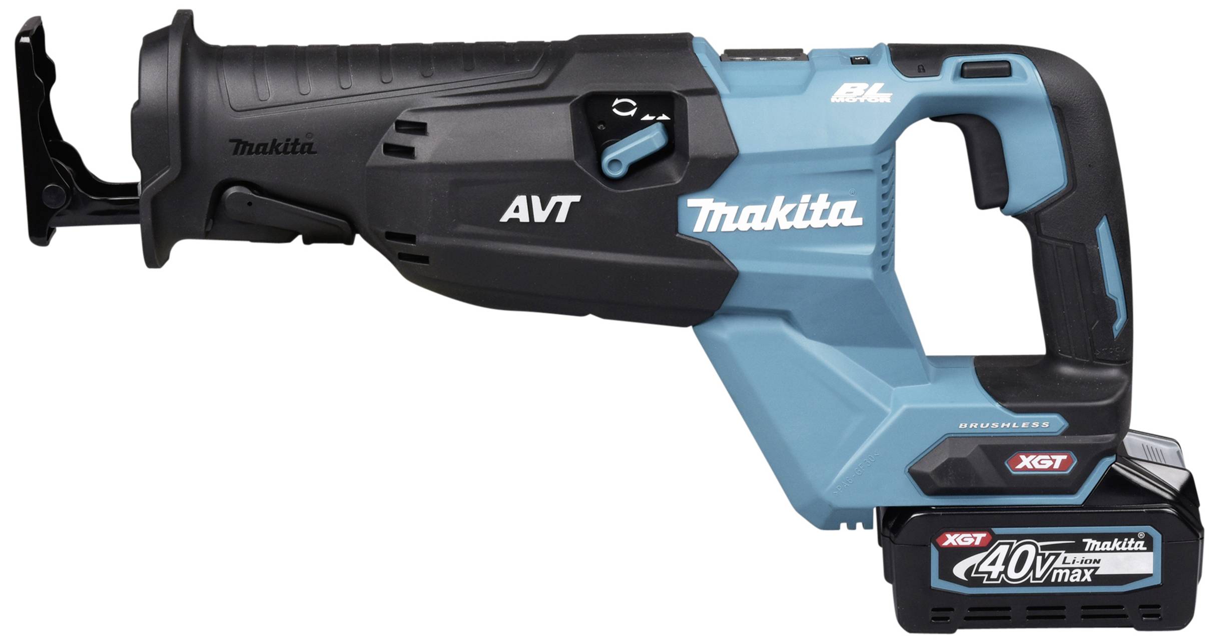 Elektrische Stichsäge von Makita, Modell XGT 40V, mit blau-schwarzem Gehäuse und Akku. Geeignet für anspruchsvolle Sägearbeiten.