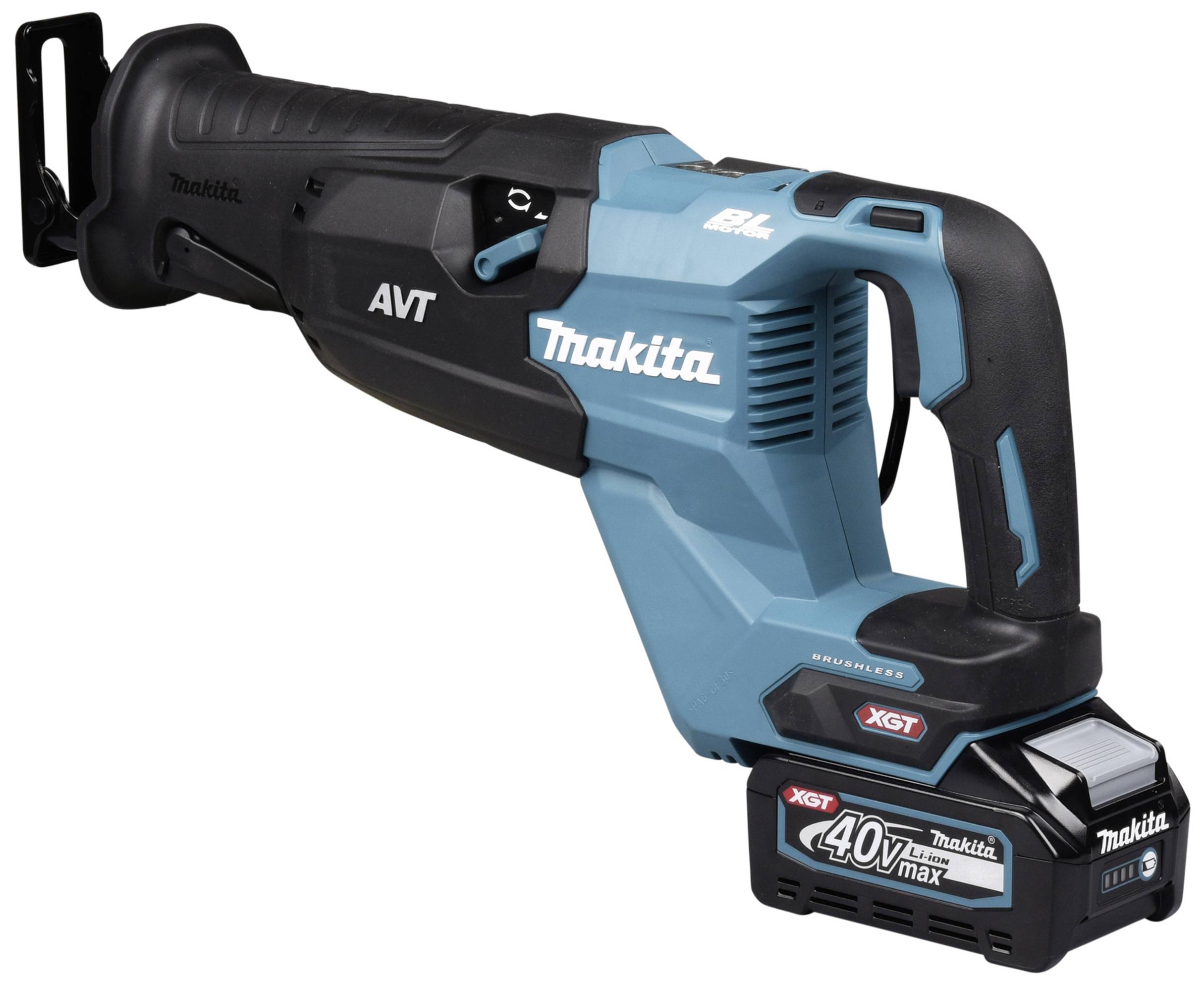 Akkubetriebene blaue Makita Säbelsäge mit schwarzem Griff und 40V-Akku, geeignet für Bau- und Renovierungsarbeiten.