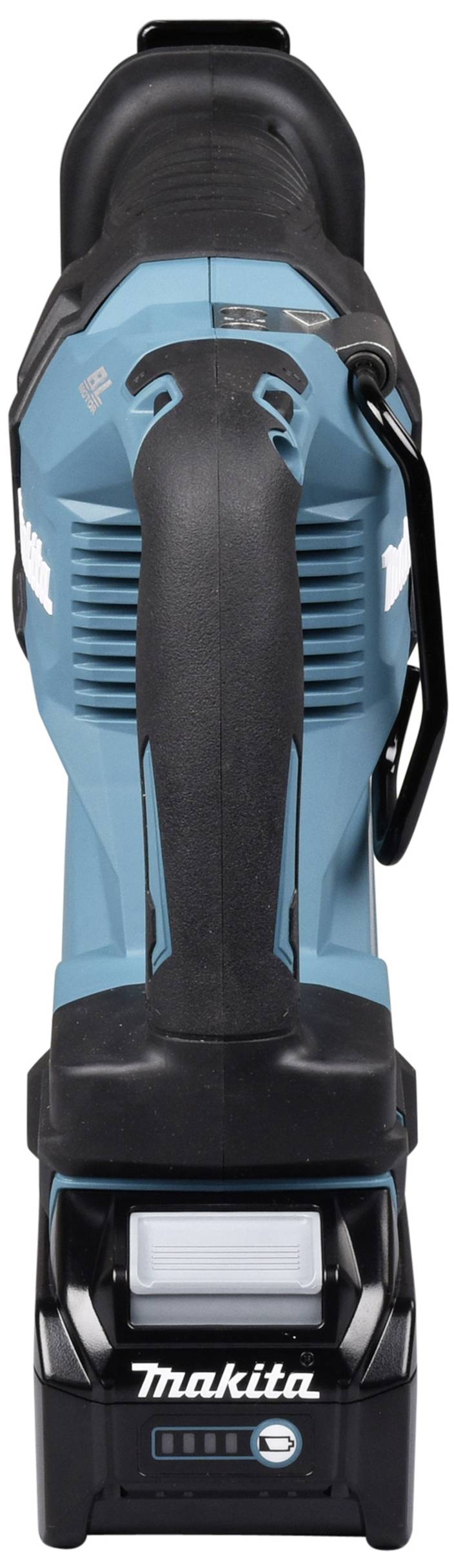 Akku-Handstaubsauger von Makita; Ansicht von vorne. Hauptfarbe: Blau. Ausgelegt für kabellosen Betrieb mit ergonomischem Griff.