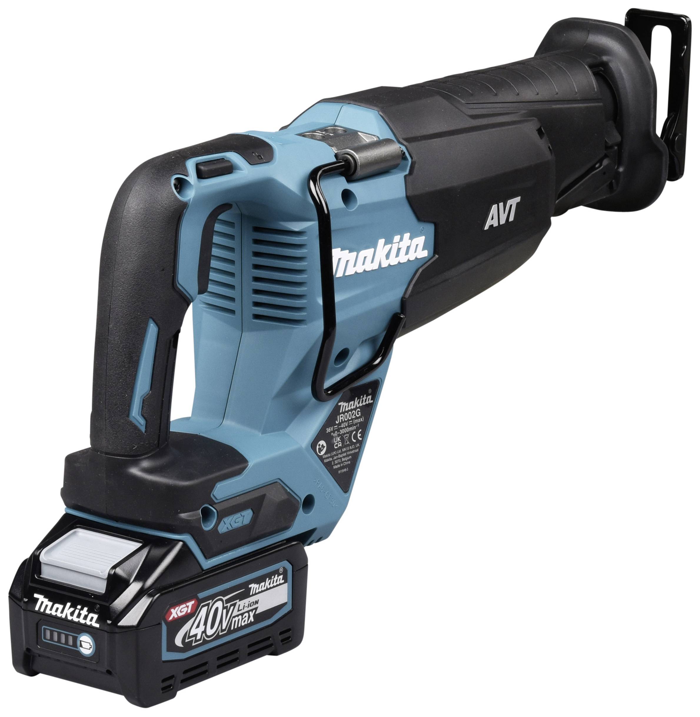 Eine blaue und schwarze Akku-Schubkarre der Marke Makita, Modell XGT 40V max, mit ergonomischem Griff und robustem Design.