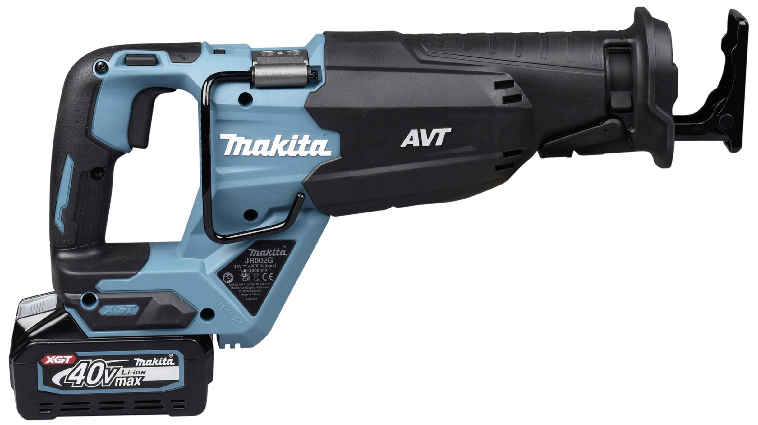 Elektrische Säbelsäge mit blau-schwarzem Gehäuse und 'AVT'-Aufschrift, betrieben mit einem 40V Lithium-Ionen-Akku, seitliche Ansicht.