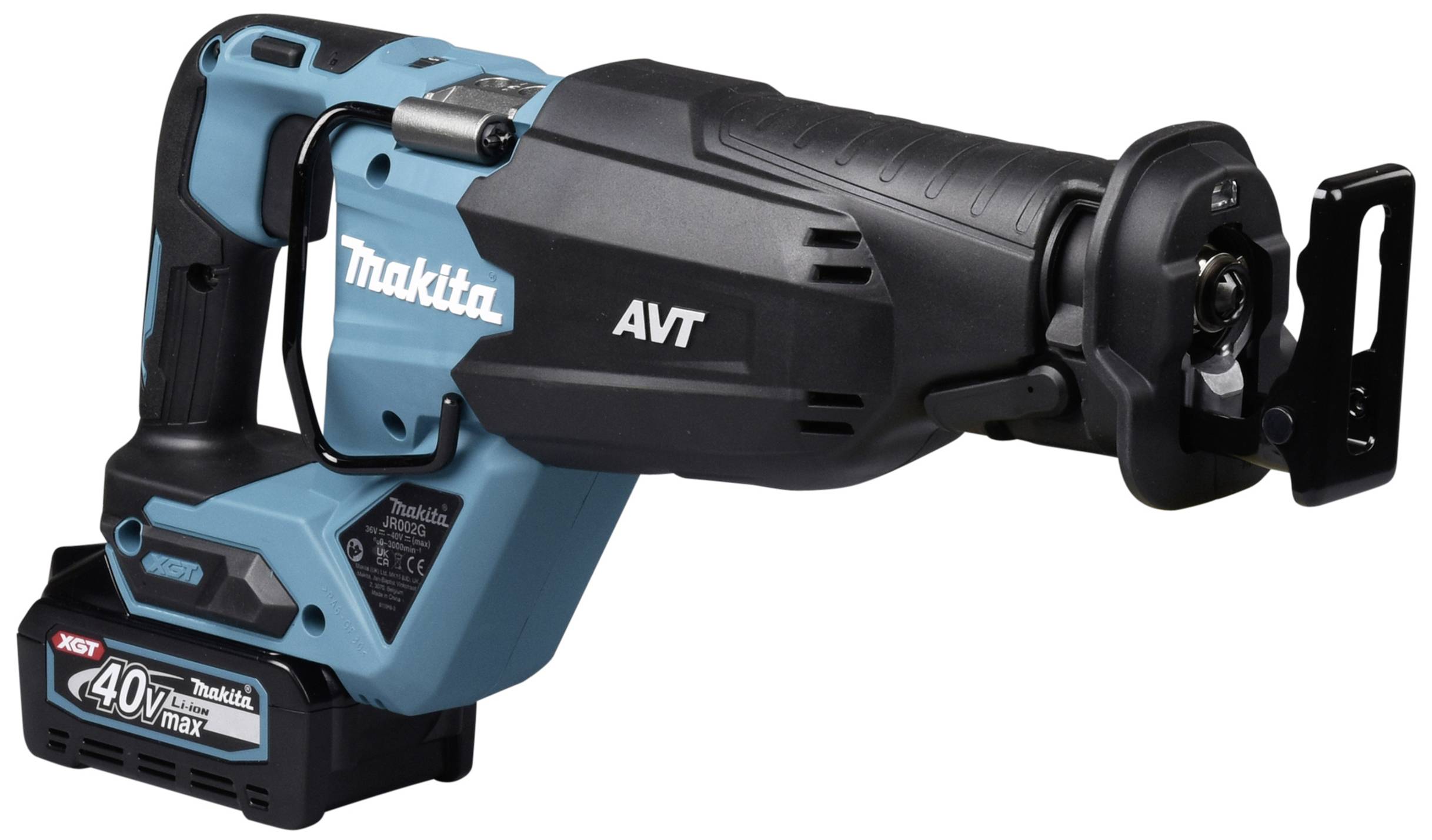 Akkubetriebene Säbelsäge von Makita, Modell AVT 40V Max, schwarz-blaues Design, geeignet für anspruchsvolle Schneidarbeiten.