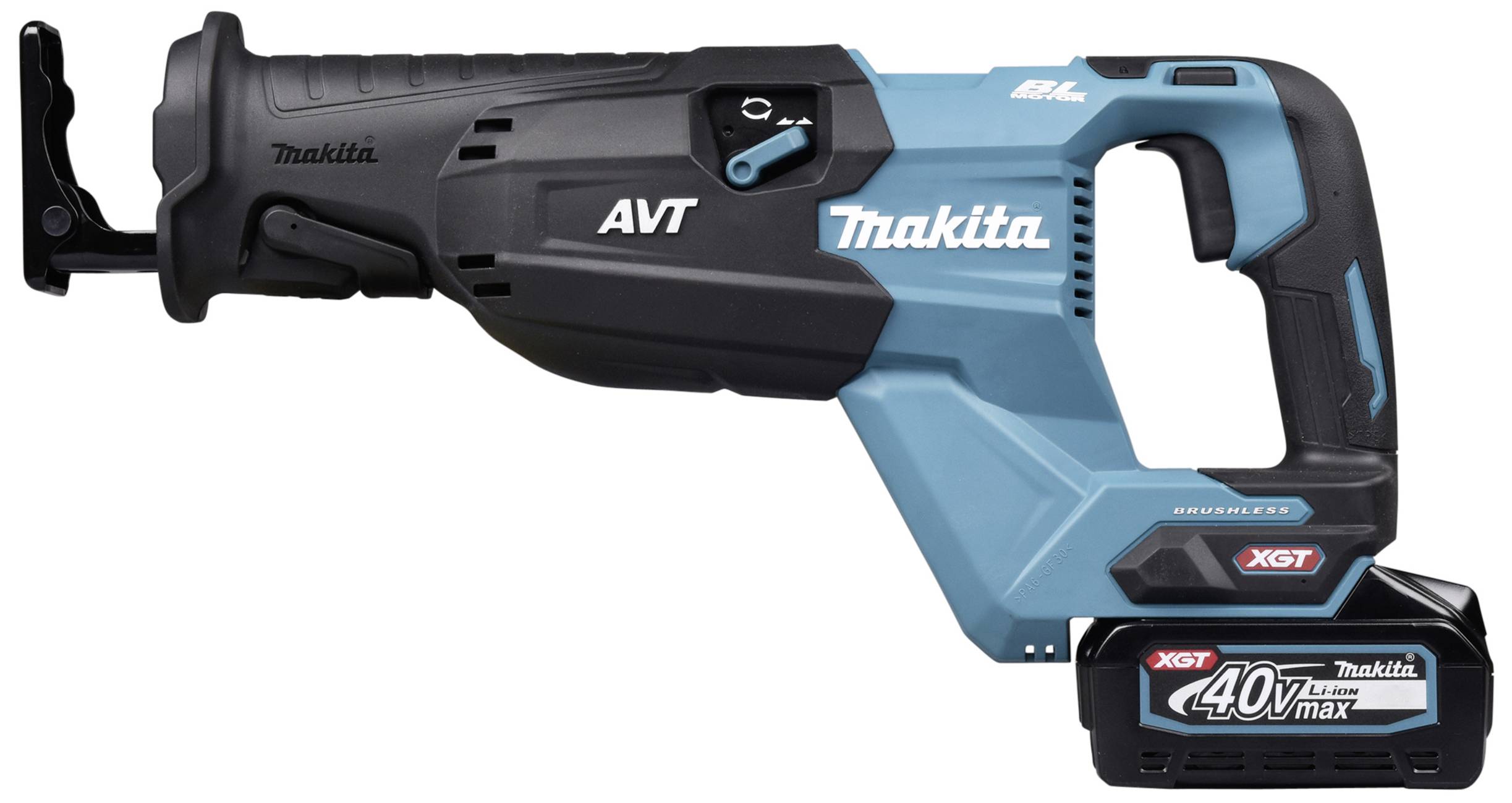 Akku-Säbelsäge mit blau-schwarzem Gehäuse; 'Makita' und 'AVT' Logos sichtbar. Rechts unten befindet sich ein 40V XGT Akku.