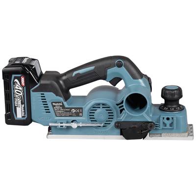 Blauer elektrischer Handhobel von Makita, Modell KP001G, mit einem 40V Max Akku. Geeignet für Holzarbeiten und glatte Oberflächen.