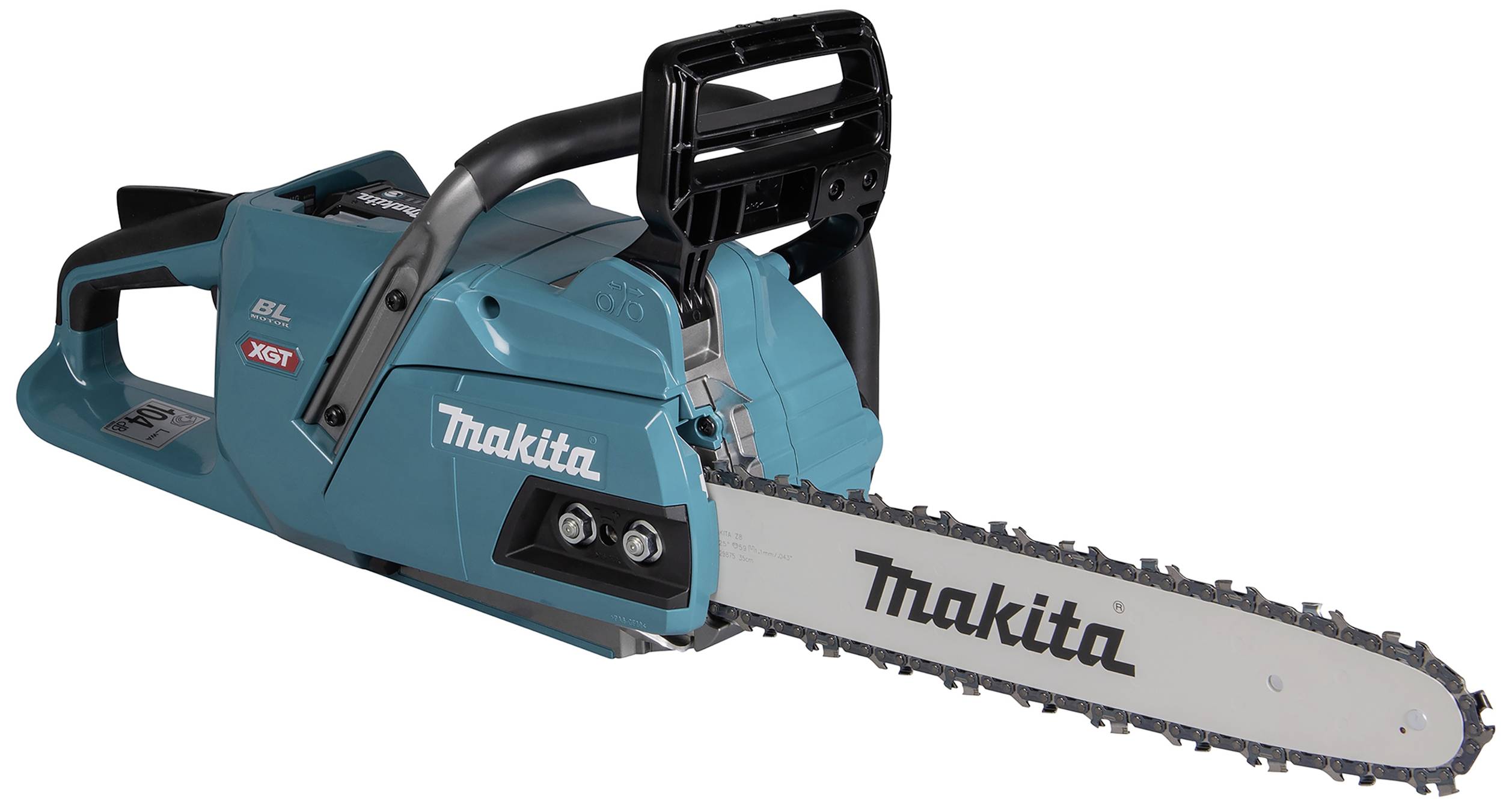 'Akkubetriebene Kettensäge von Makita in blau und schwarz, auf weißem Hintergrund.'