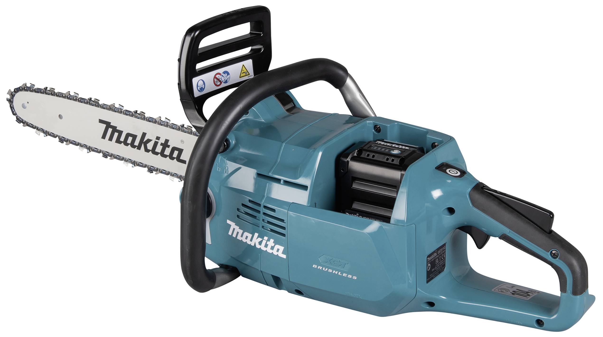 Eine blaue elektrische Kettensäge mit der Aufschrift 'Makita', geeignet für das Schneiden von Holz. Sie hat einen Schutzgriff und Sicherheitsaufkleber.
