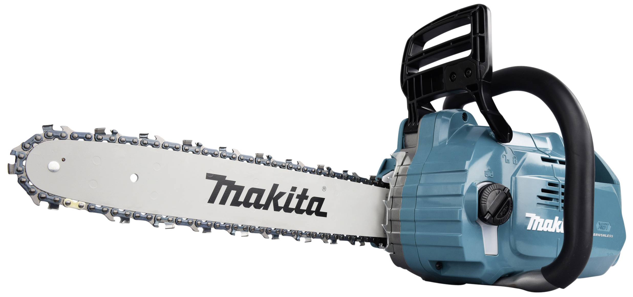 Eine blaue und graue Makita-Kettensäge mit ergonomischem Griff und Sägeblatt auf der rechten Seite.