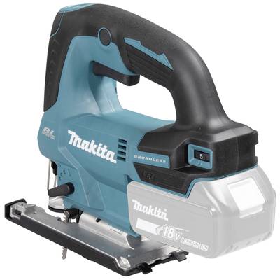 Eine blaue und schwarze Akku-Stichsäge, Modellbeschriftung 'Makita 18V LXT', geeignet für präzise Schnitte in unterschiedlichen Materialien.