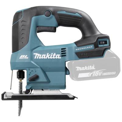 Akkubetriebene Stichsäge mit blauem Griff und Sägeblatt. Marke 'Makita', 18V Lithium-Ionen-Akku. Geeignet für Holzarbeiten.