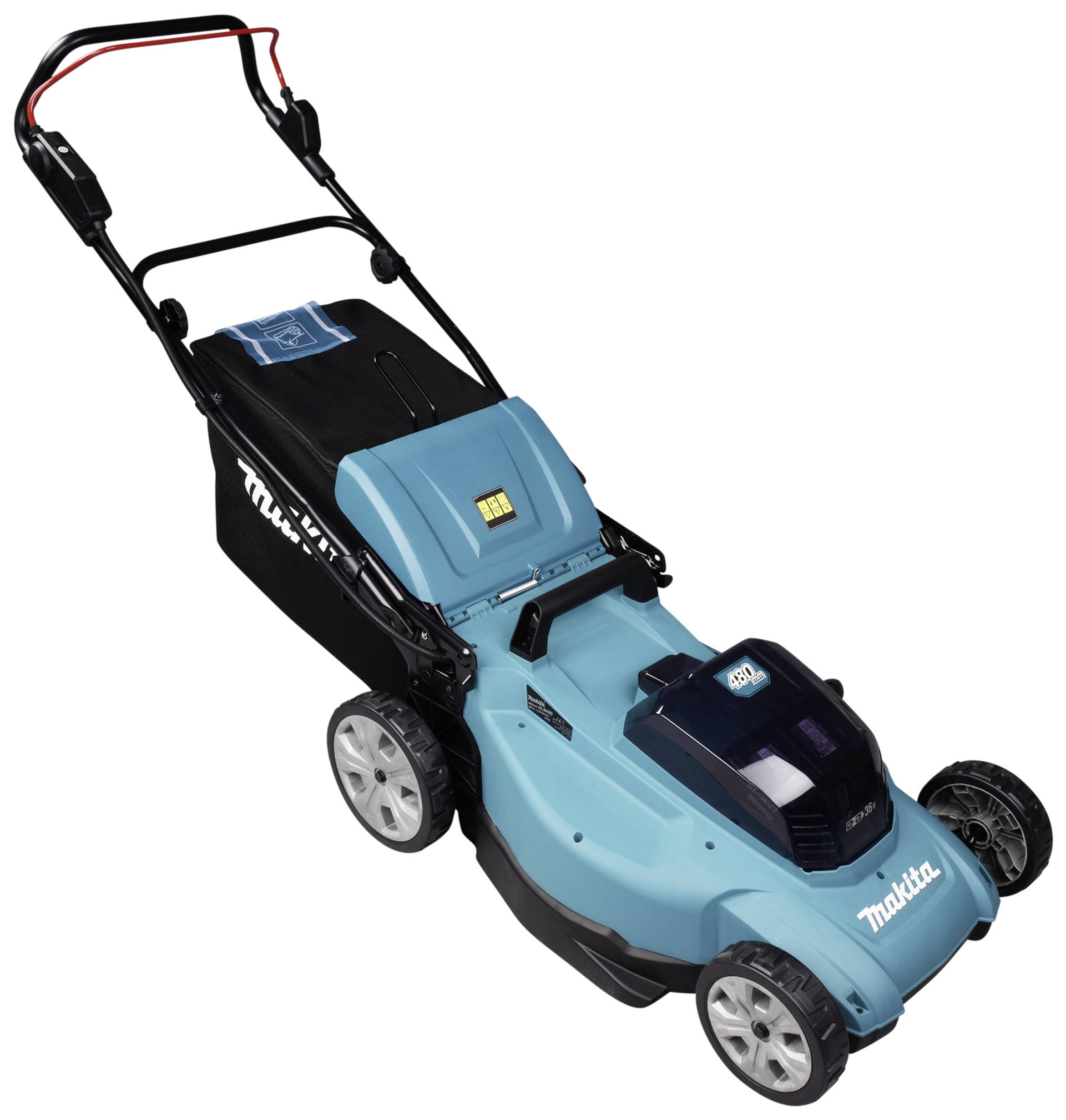 Ein blauer, kabelloser Elektrorasenmäher mit vier Rädern und einem schwarzen Auffangbehälter, geeignet für mittelgroße Rasenflächen.