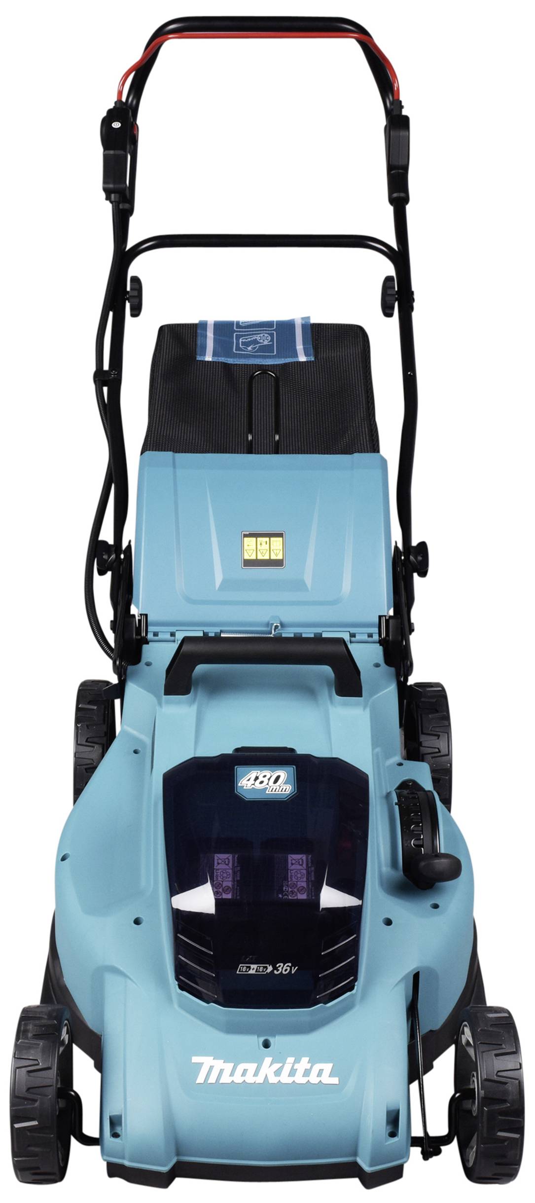 Rasenmäher in blau mit Akkubetrieb von Marke Makita, von vorne gezeigt. Eignet sich für die Pflege des Gartens mit präzisem Schnitt.