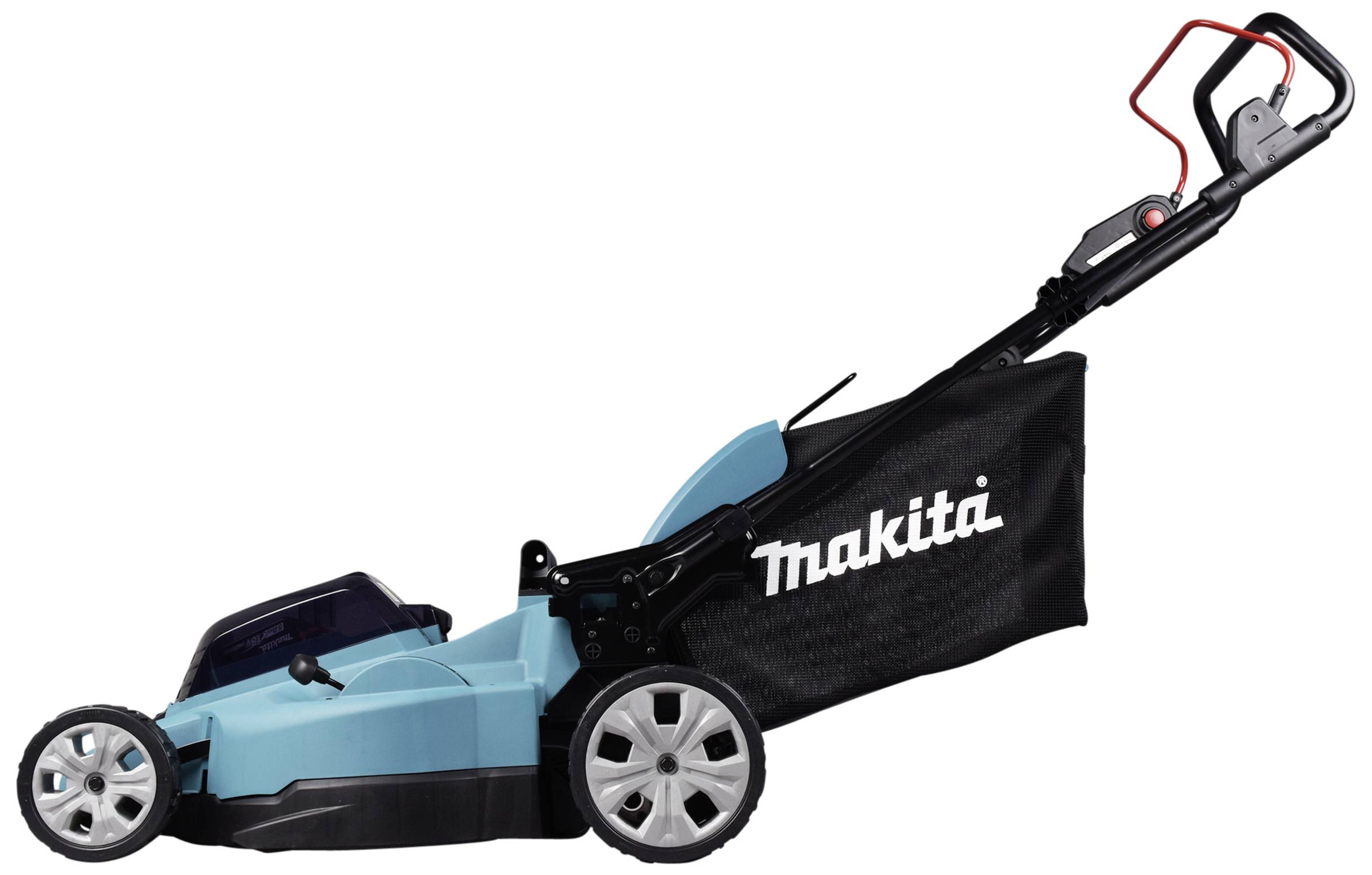 Elektrischer Rasenmäher in blauer Farbe mit schwarzem Auffangbehälter, auf dem 'Makita' steht, Seitenansicht.