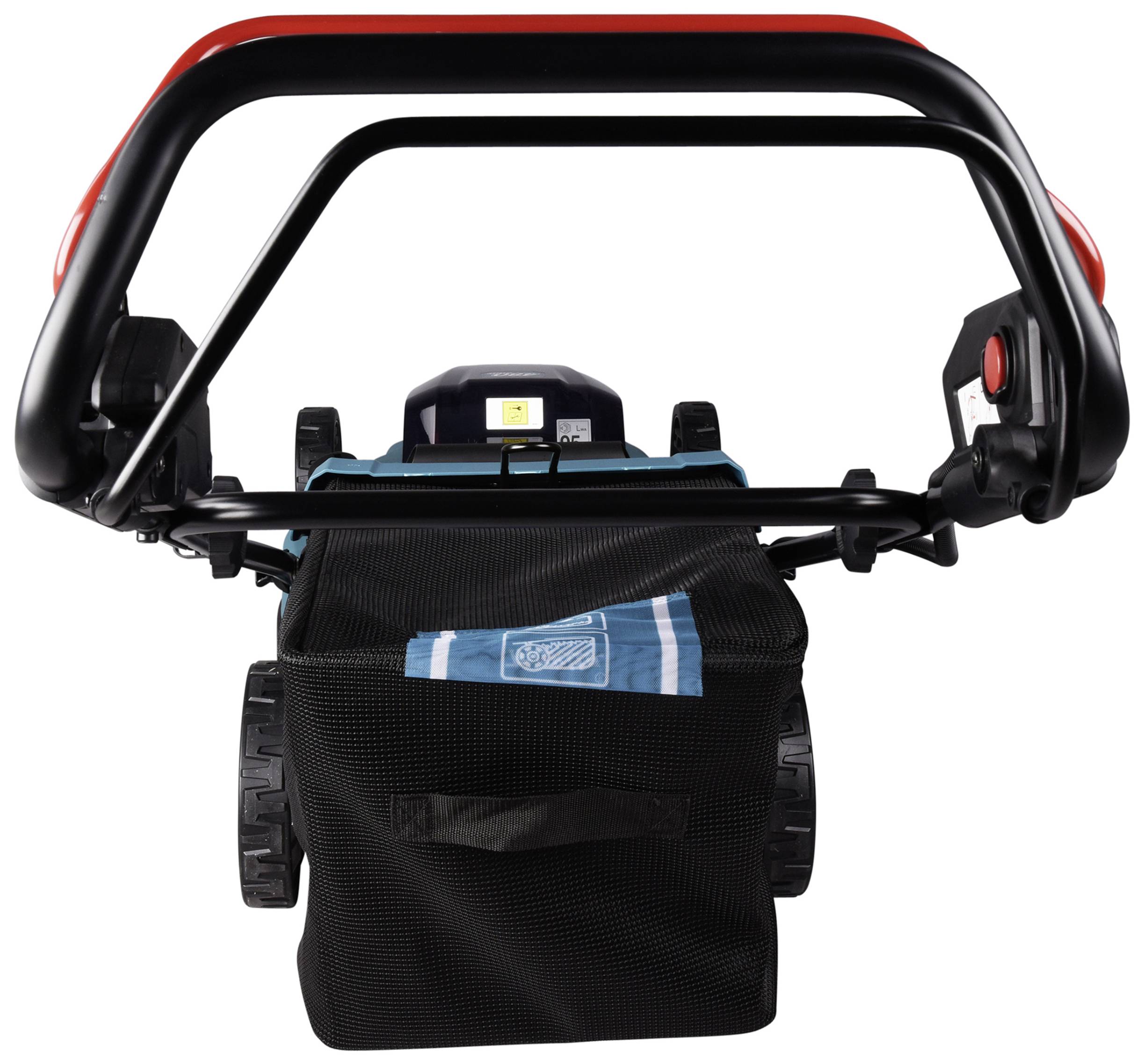 Rückansicht eines Rasenmähers mit Griff und Fangkorb. Kontrollknöpfe und Markierungen sind deutlich sichtbar.