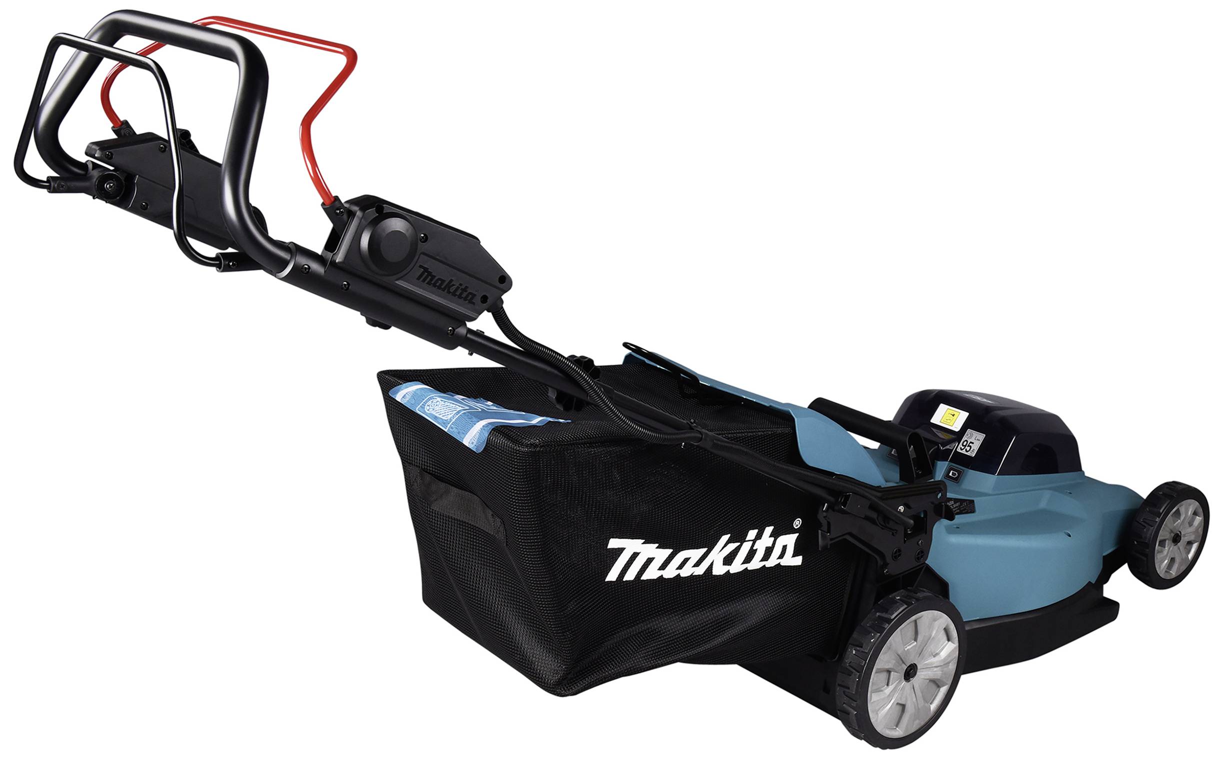 Ein blauer Rasenmäher mit schwarzem Griff und Fangkorb. Markenname 'Makita' auf dem Korb sichtbar.