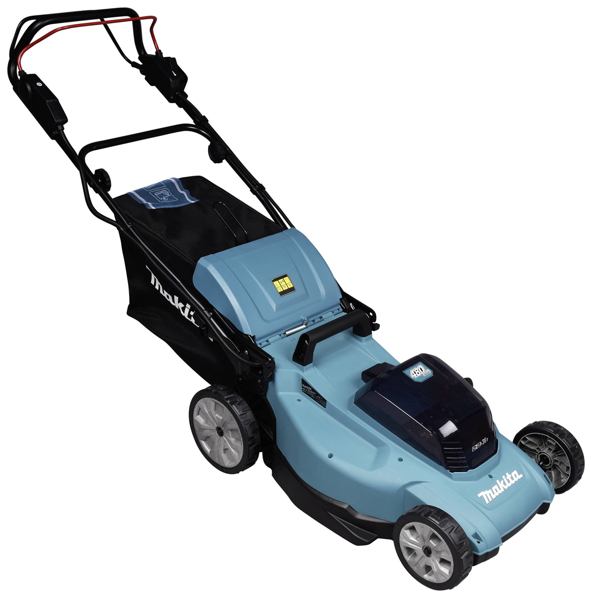 Elektrischer Rasenmäher mit blauem Gehäuse, vier Rädern und einem schwarzen Griff. Markenname 'Makita' sichtbar.