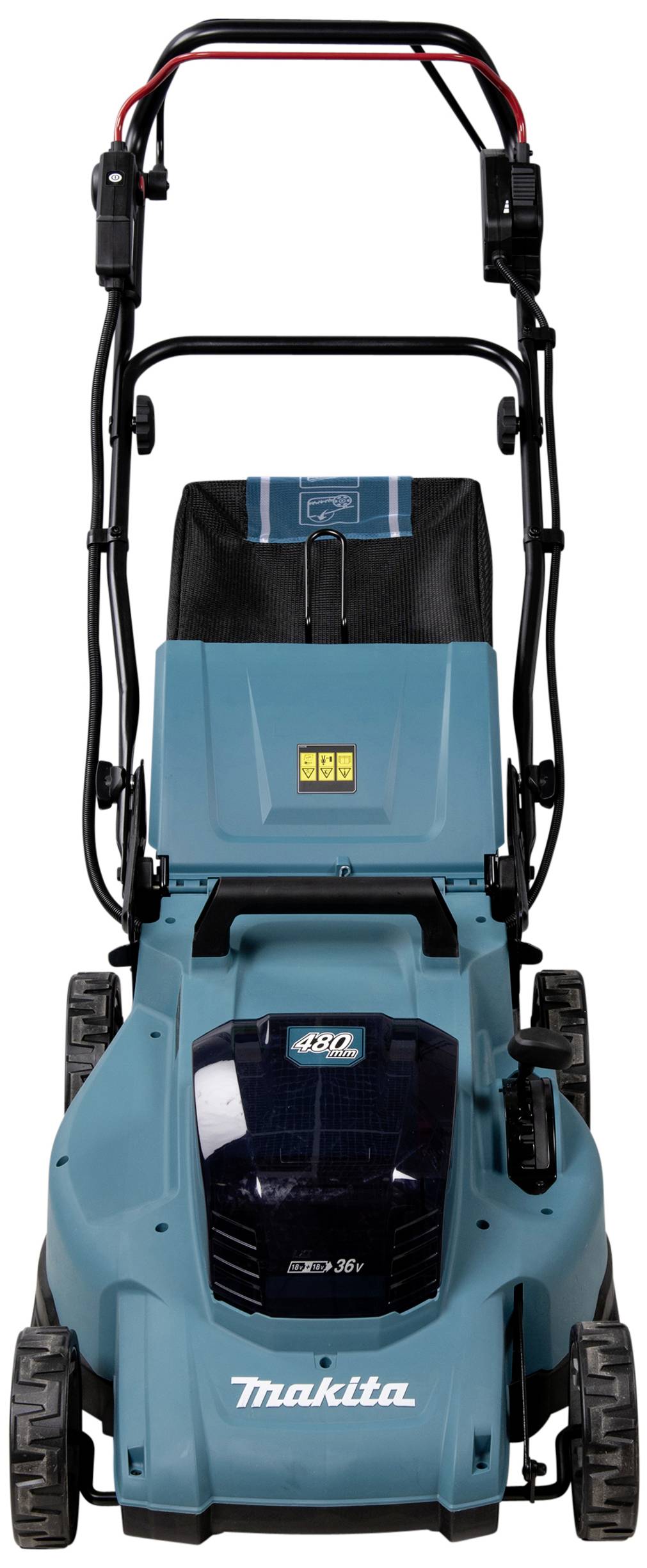 Ein blauer, kabelloser Makita-Rasenmäher mit schwarzem und rotem Griff, geeignet für Heimwerkerarbeiten im Garten.