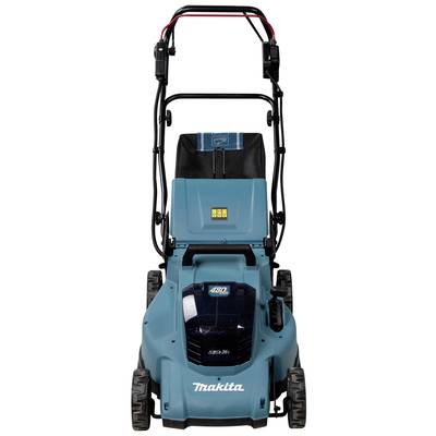 Ein blauer, kabelloser Makita-Rasenmäher mit schwarzem und rotem Griff, geeignet für Heimwerkerarbeiten im Garten.